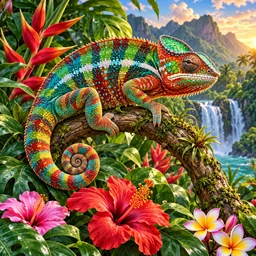 Camaleón multicolor entre hojas tropicales