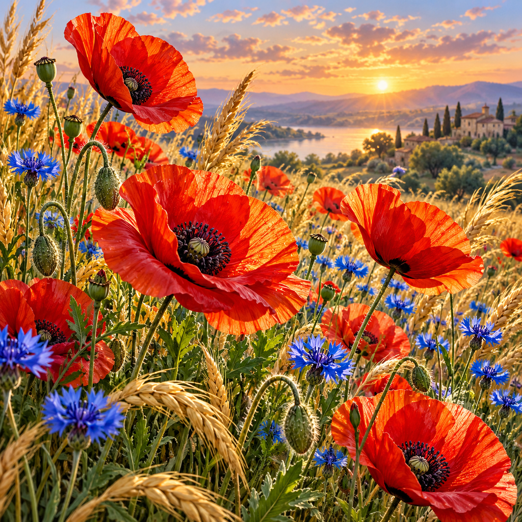 Campo de amapolas rojas al atardecer, ilustración de la colección Flores